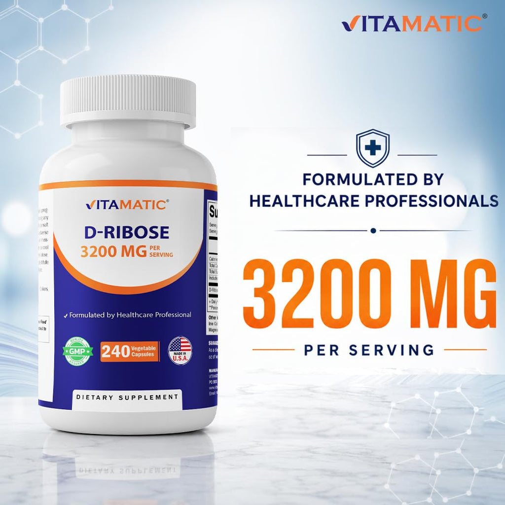 Vitamatic D-Ribose 3200 mg per Serving – Energy Support Supplement – 240 Vegetarian Capsules – Non-GMO & Gluten Free, Made in USA