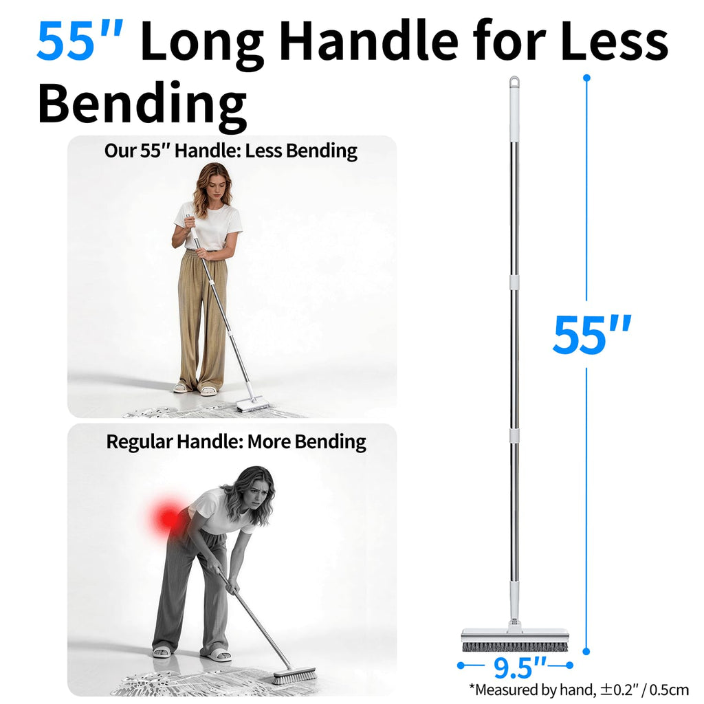 Purexa Floor Scrub Brush with 55" Long Handle, 2-in-1 Floor Brush with Built-in Squeegee, Adjustable Angle Head and Stiff Bristles for Tile, Wood, Concrete & Textured Floor Cleaning