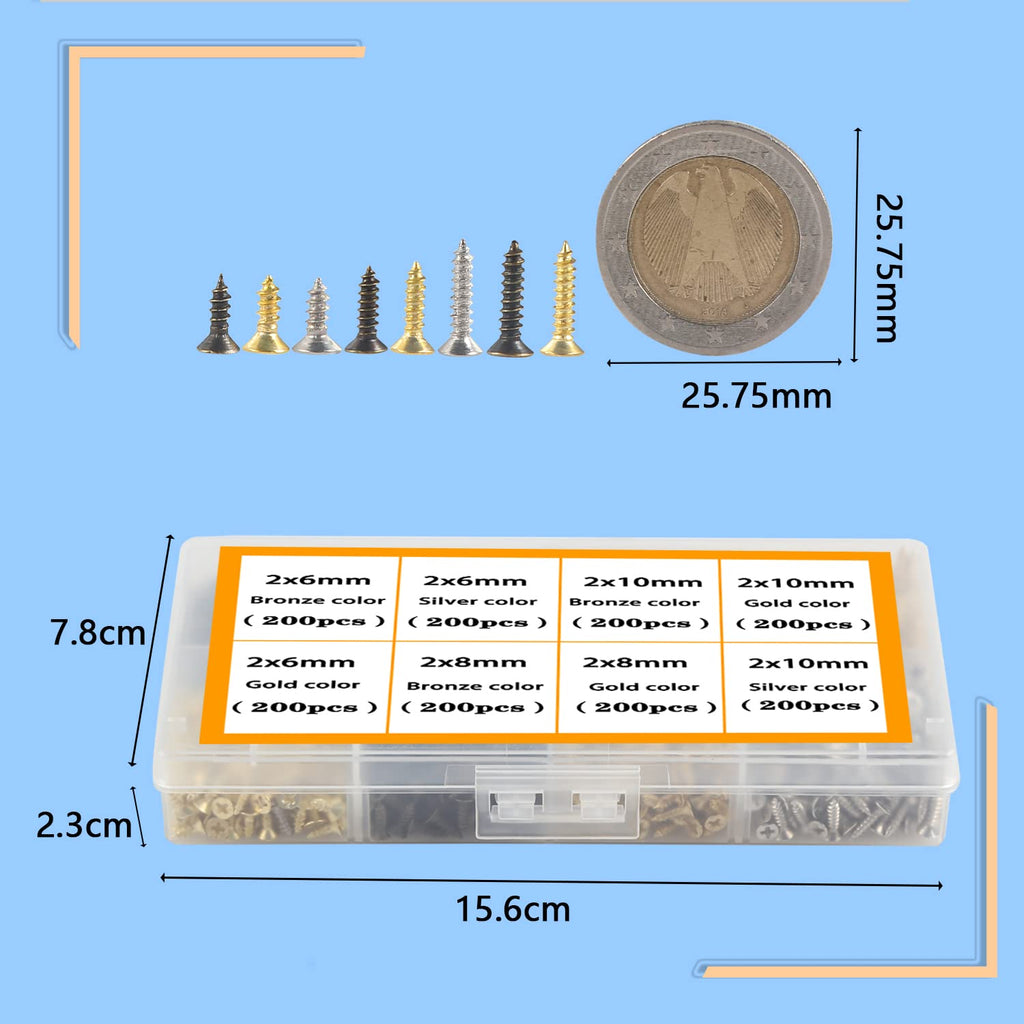 Small Screws for Small Hinge Antique Self Tapping Screws Multi-Purpose DIY Screws Set Gold Silver Bronze 2x6mm/0.07x0.23 "2x8mm/0.07x0.31" 2x10mm/0.07x0.39" 1600pcs