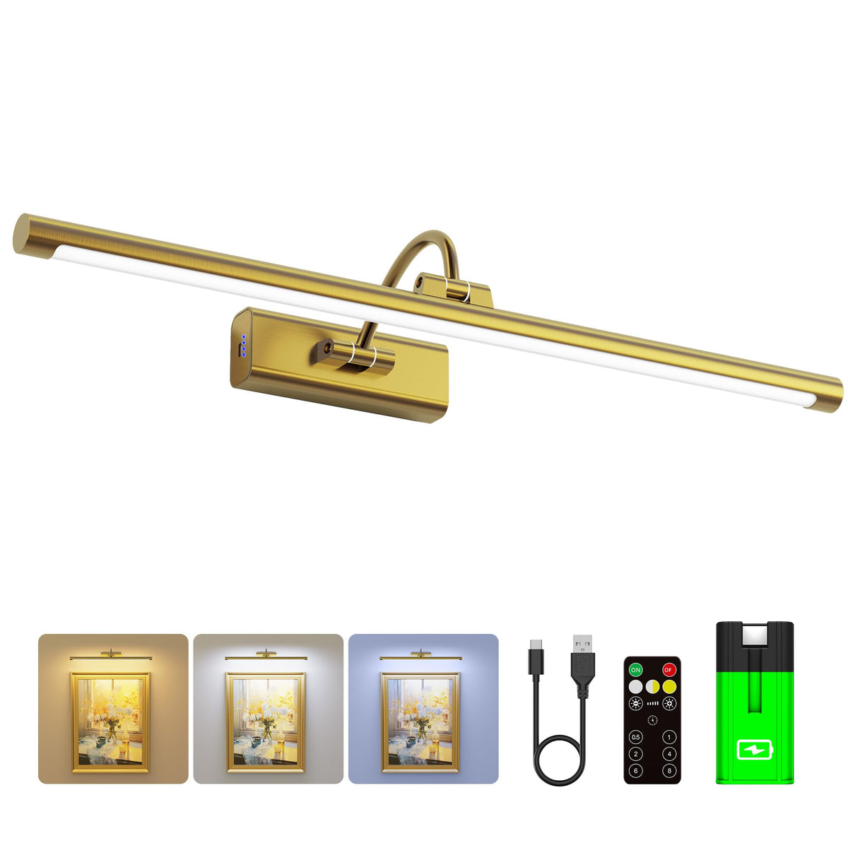 Craftersmark 24" Picture Frame Light with 1pcs Extra 8000mAh Battery - Brass Cordless Rechargeable Wall Sconce with Remote for Office, Hallway & Large Art