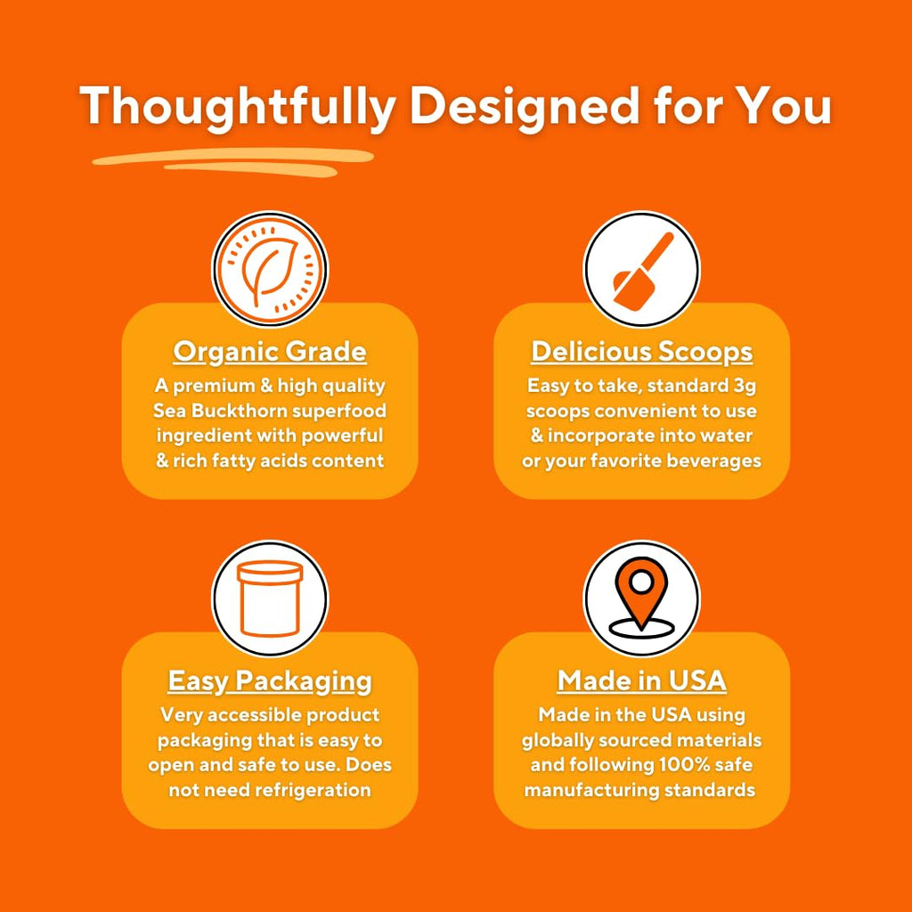 Organic Sea Buckthorn Extract Powder with Natural Omega 7 & Omega 3 6 9 for Heart Health, Skin, Immune Support - 100g Powder Supplement & 33 Day Supply - Non-GMO, Gluten-Free, Vegan-Friendly