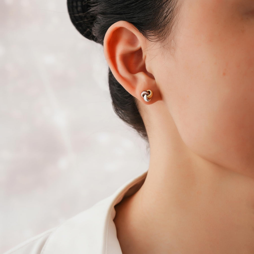 18K Gold Plated Love Knot Earrings 925 Sterling Silver Small Post Earrings and Tri-tone Silver Twisted Stud Earrings for Women