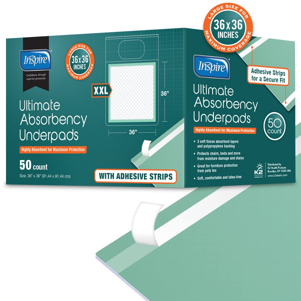 Inspire Super and Ultra Absorbent Disposable Bed Pads, 36" X 36", Pack of 50 with Adhesive, XXL