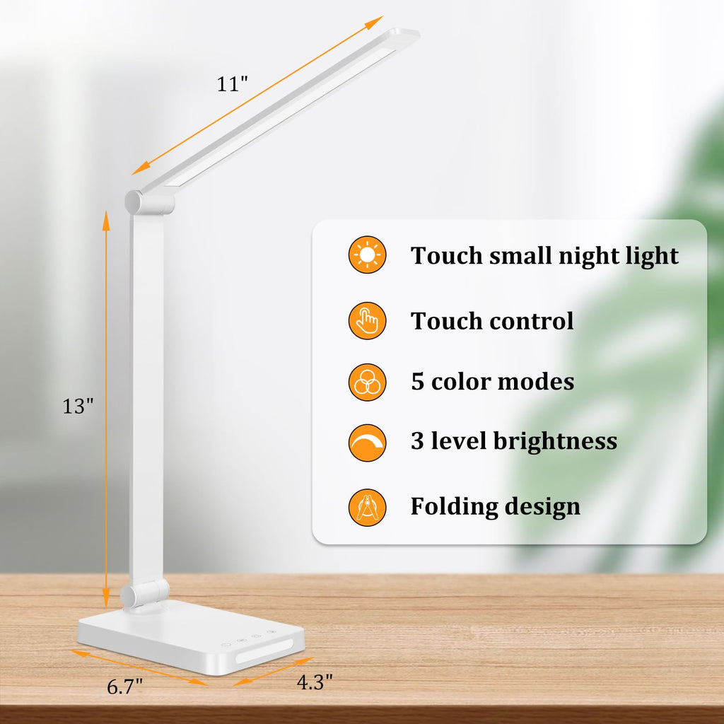 Dott Arts LED Desk Lamp with USB Ports, Touch Control, 5 Color Modes, 3 Brightness Levels, Foldable Design, White
