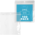 GPI - 5" x 5" - 100 Pack, 2 Mil thick, Clear Plastic Reclosable Zip Bags, Hang Hole For Display, Durable Poly Baggies with Resealable Zip Top Lock for Storage, Packaging & Shipping