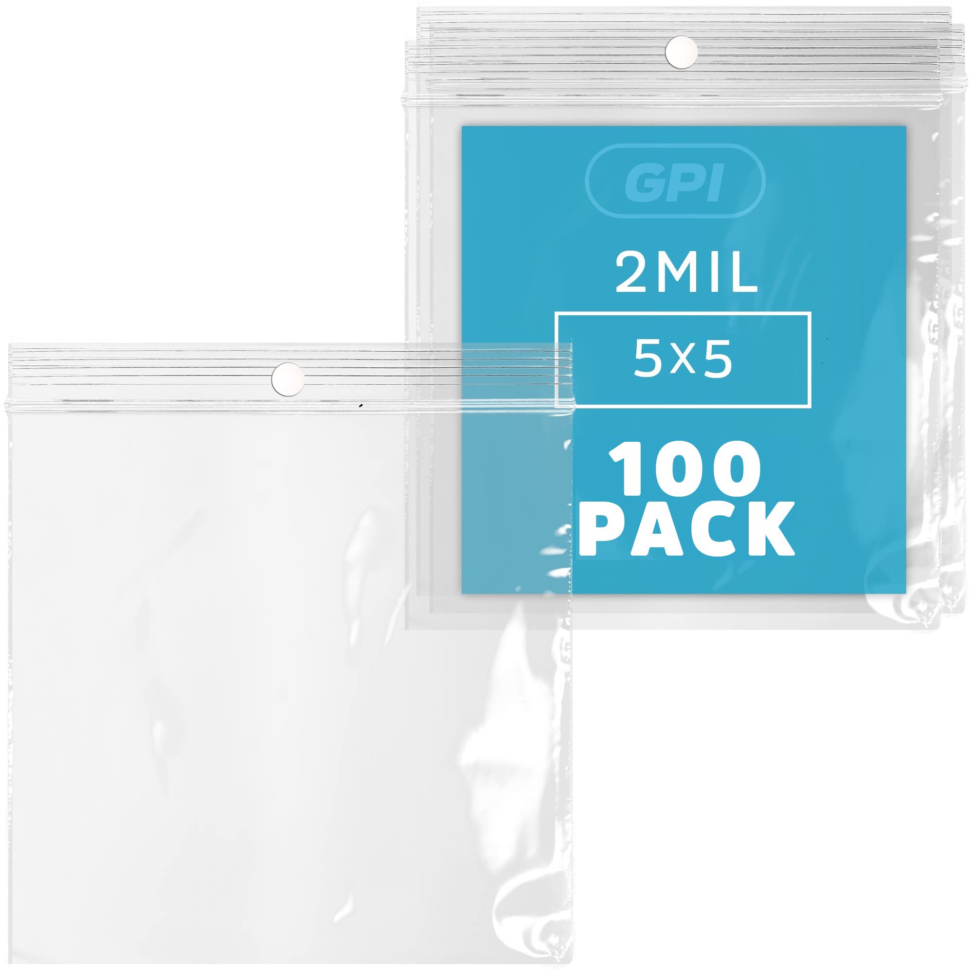 GPI - 5" x 5" - 100 Pack, 2 Mil thick, Clear Plastic Reclosable Zip Bags, Hang Hole For Display, Durable Poly Baggies with Resealable Zip Top Lock for Storage, Packaging & Shipping