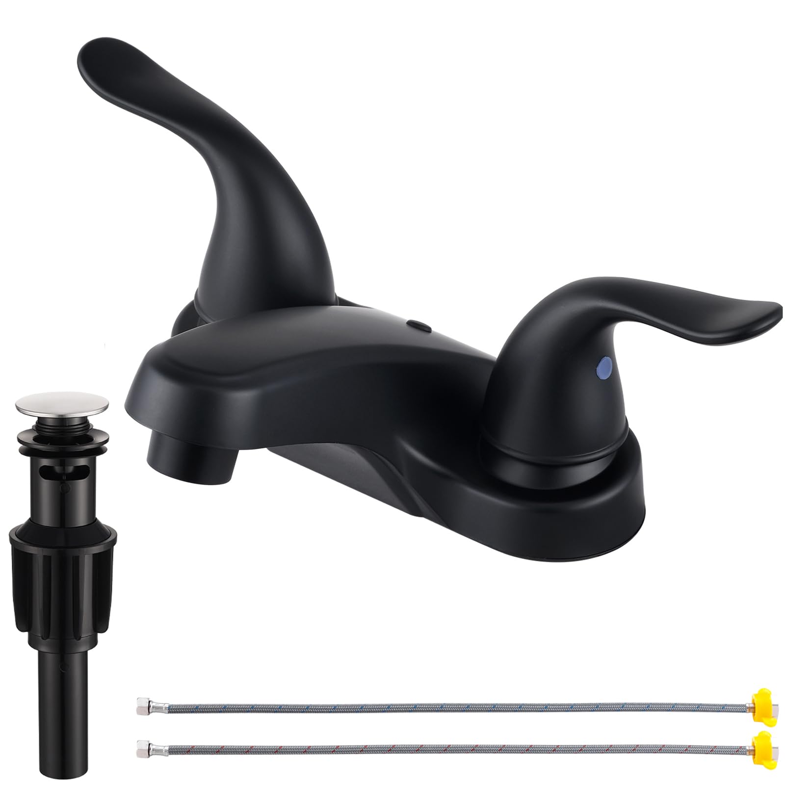 Bathroom Sink Faucets 2/3 Hole,Matte Black Dual Handles 4 inch Plastic Plating Over Bathroom Faucet with Pop-up Drain and 2 Supply Hoses for Apartment Rvs Sink Vanity