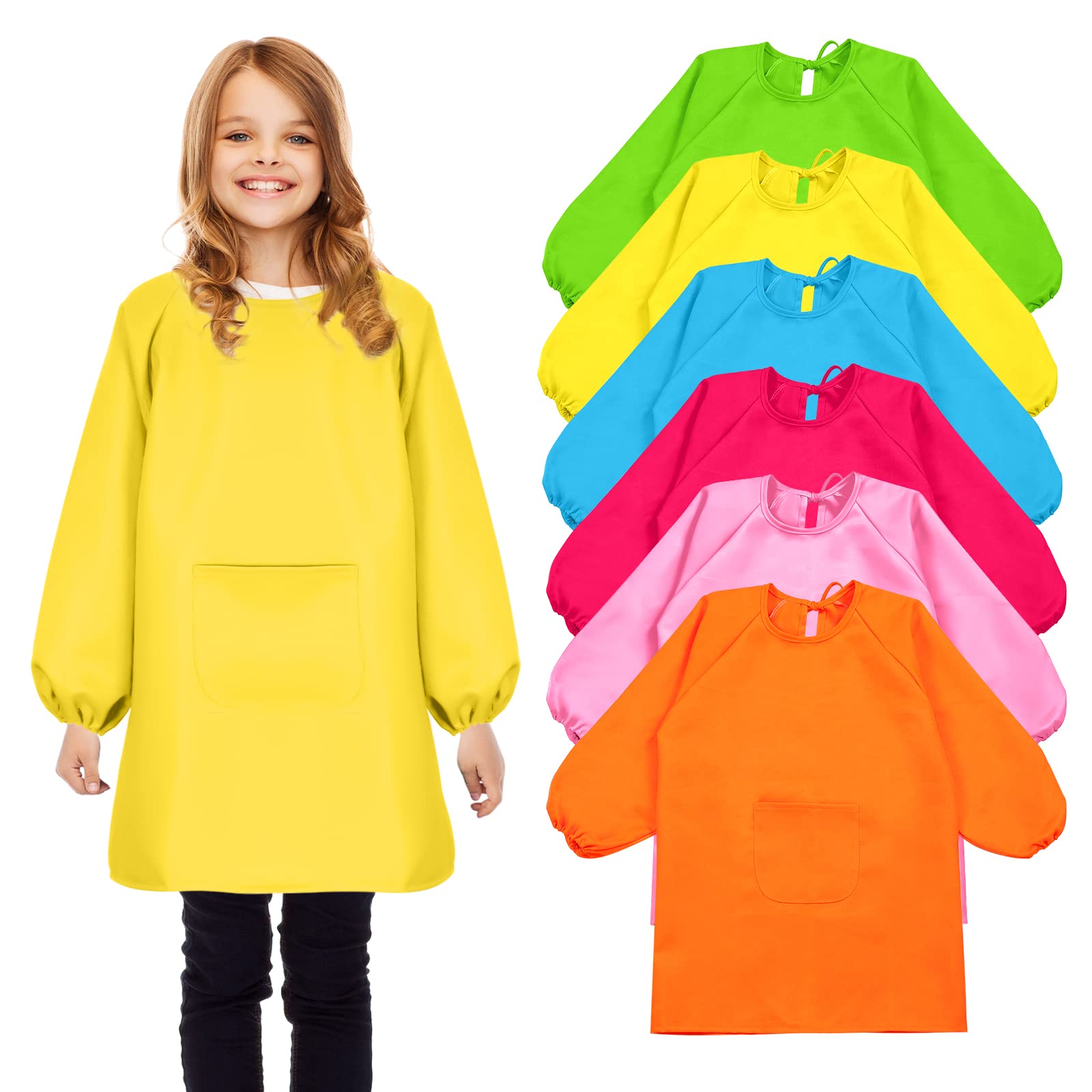 Geyoga 6 Pcs Kids Art Smock Painting Waterproof Toddler Artist Full Cover Long Sleeve Apron with Pocket for School Class, Age 3-8 (Multicolor)