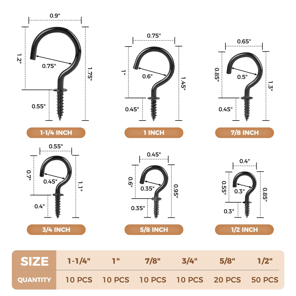RELBRO Screw Hooks, 6 Sizes Metal Screw in Cup Hooks, Black, 110 Pcs
