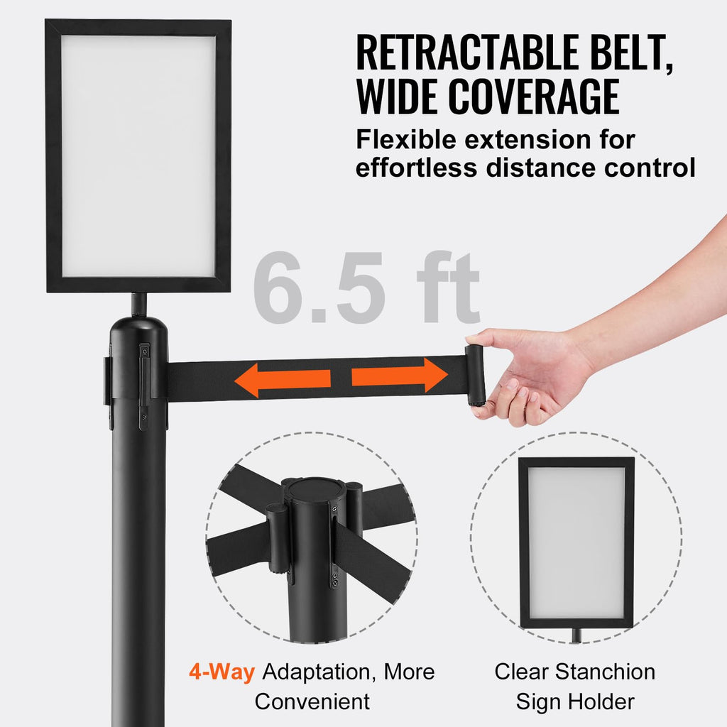 VEVOR Crowd Control Stanchions, 6-Pack Crowd Control Barriers, Carbon Steel Baking Painted Stanchion Queue Post with Sign Holder & 3PCS 6.5FT Retractable Belt, Belt Barrier Line Divider, Easy Assembly
