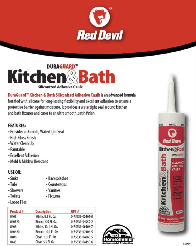 Red Devil 0408 Duraguard Kitchen & Bath Siliconized Acrylic Caulk, 10.1 oz., Clear, 12 Pack, Made in USA