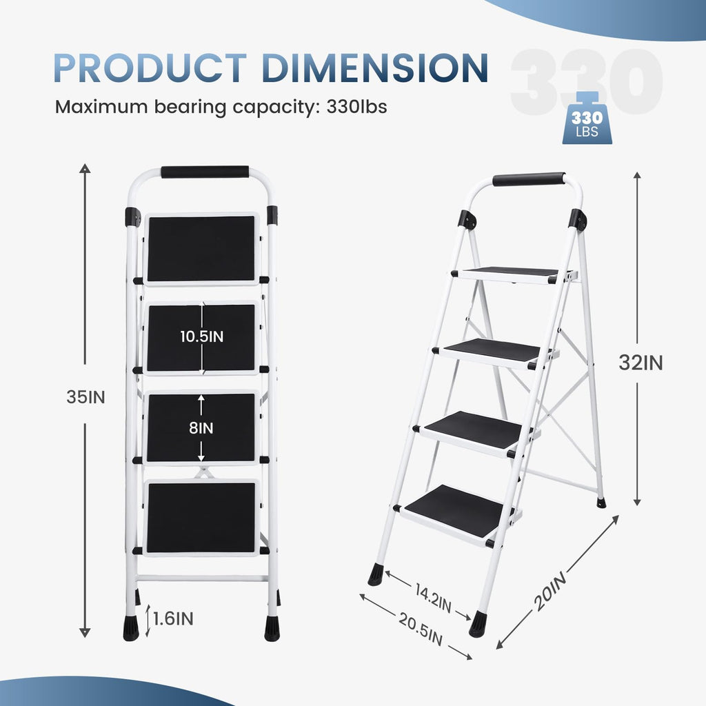 OLIXIS Step Ladder, 4 Sturdy Step Stool with Anti-Slip Pedal & Handrail
