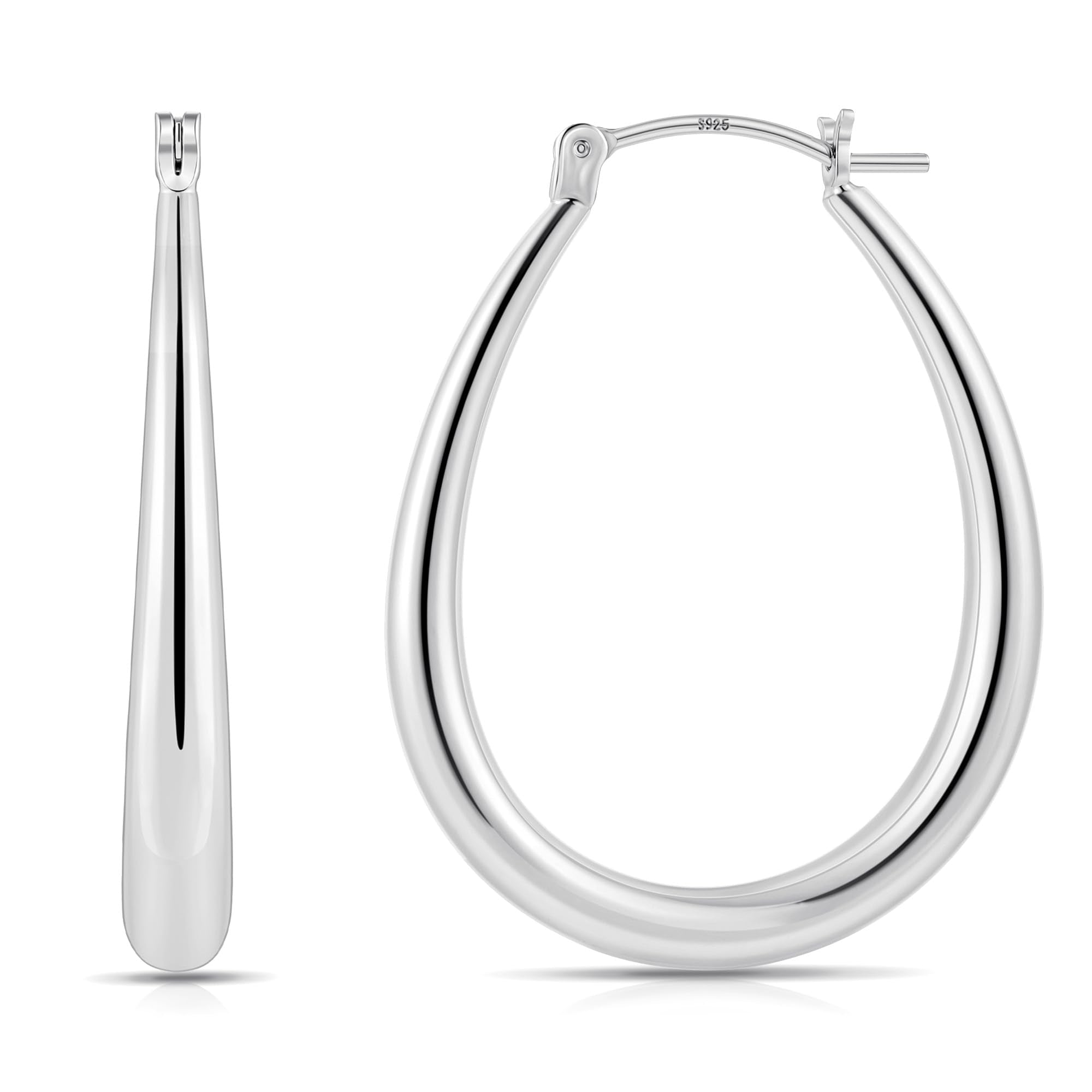 Gacimy Silver Chunky Hoop Earrings for Women, 14K White Gold Plated Oval Hoop Medium Silver Earrings with 925 Sterling Silver Post