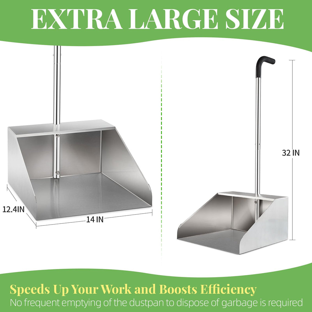 32In Extra Large Dust Pan with Long Handle,Heavy Duty Metal Dust Pan for Jumbo Debris Pan-Commercial Stand up Dustpan,Wide Mouth Outdoor Dustpan for Courtyards/Garage/Sidewalks-Professional Cleaning