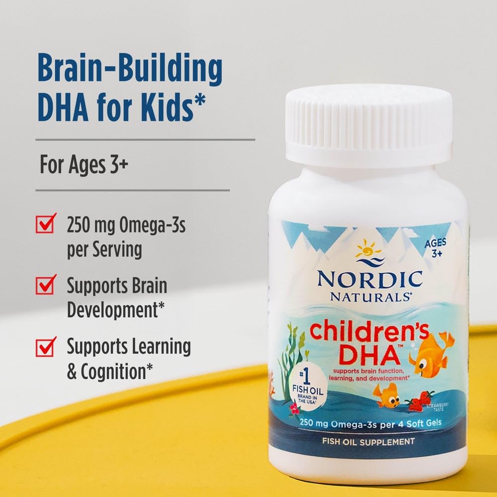 Nordic Naturals Children’s DHA, Strawberry - 180 Mini Chewable Soft Gels for Kids - 250 mg Omega-3 with EPA & DHA - Brain Development & Function - Non-GMO - 45 Servings