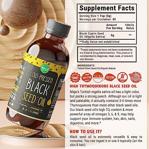 MAJU Black Seed Oil - 3 Times Thymoquinone, Cold-Pressed, 100% Turkish Black Cumin Seed Oil, Liquid Pure Blackseed Oil, Glass Bottle, 8 oz