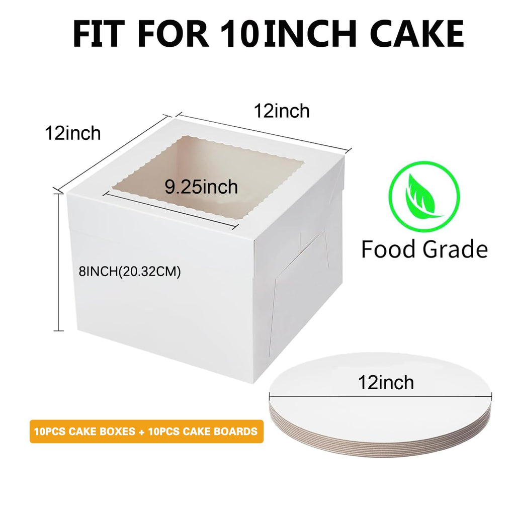 Packpal 20Pack 12 Inch Cake Boxes With Cake Boards (10 boxes & 10 boards), 12X12X8 Inch White Bakery Boxes With Windown For Cajas Pasteles, Cookie, Pastries,Pie, Wedding, Birthday, Fathers day