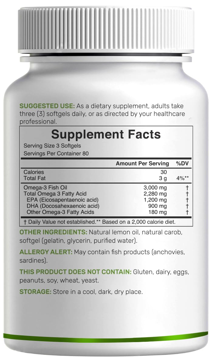 DEAL SUPPLEMENT Omega 3 Fish Oil Supplements, 3,000mg Per Serving, 240 Softgels – EPA 1,200mg + DHA 900mg – Burpless Pills, Lemon Flavored, Wild Caught – Brain & Heart Support – Mercury Free, Non-GMO