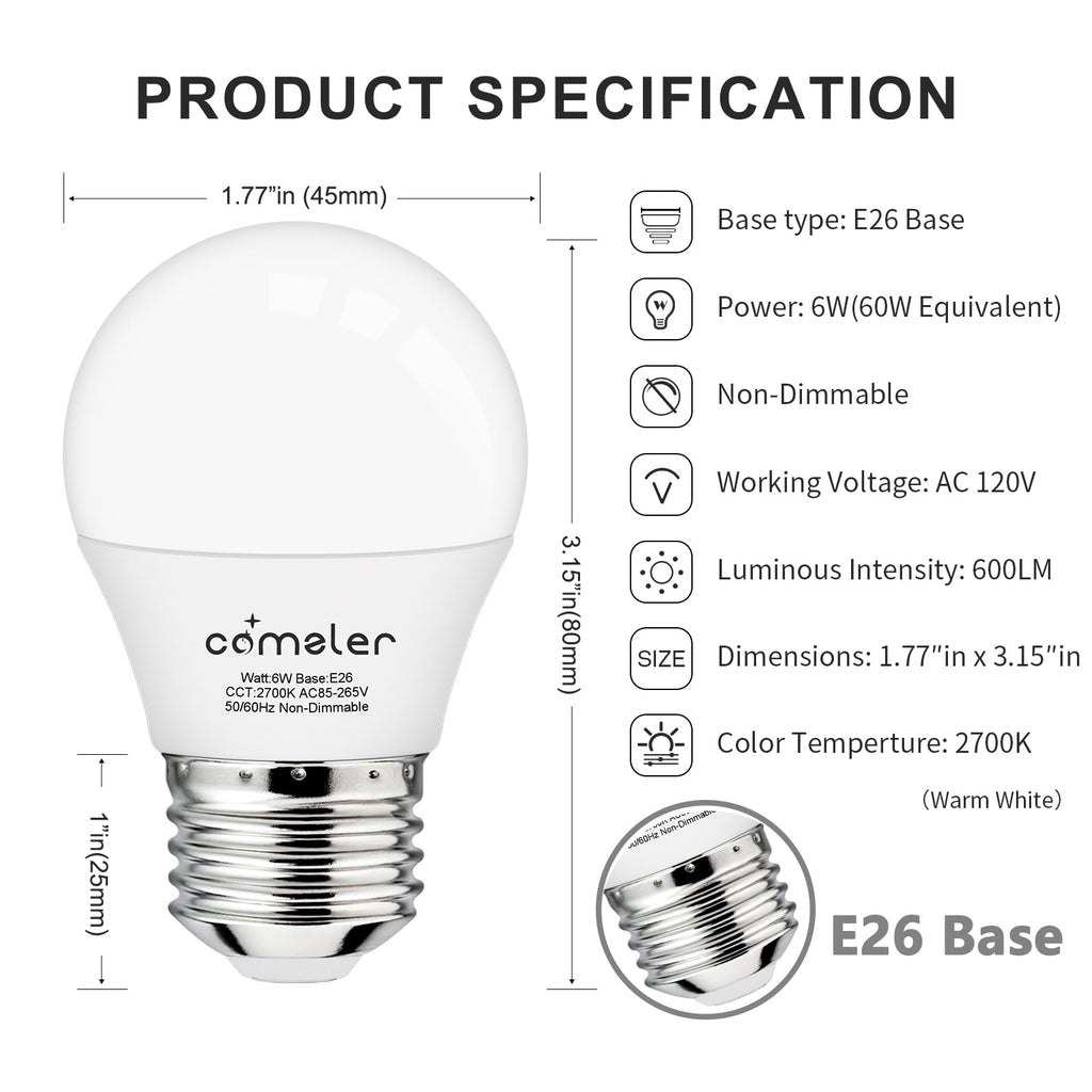 comzler Small Light Bulb, 60W Equivalent Light Bulbs, 6W 2700K Soft White, 600 Lumens Non-Dimmable LED Bulb, E26 Standard Screw Base A15/G45 Shape LED Appliance Bulb Refrigerator 8-Pack
