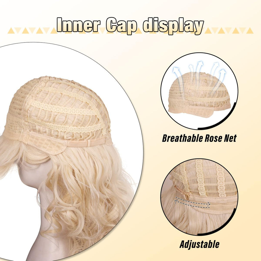 FantaLook Blonde Long Curly Wig with Bangs, Vintage Costume Wig for Women