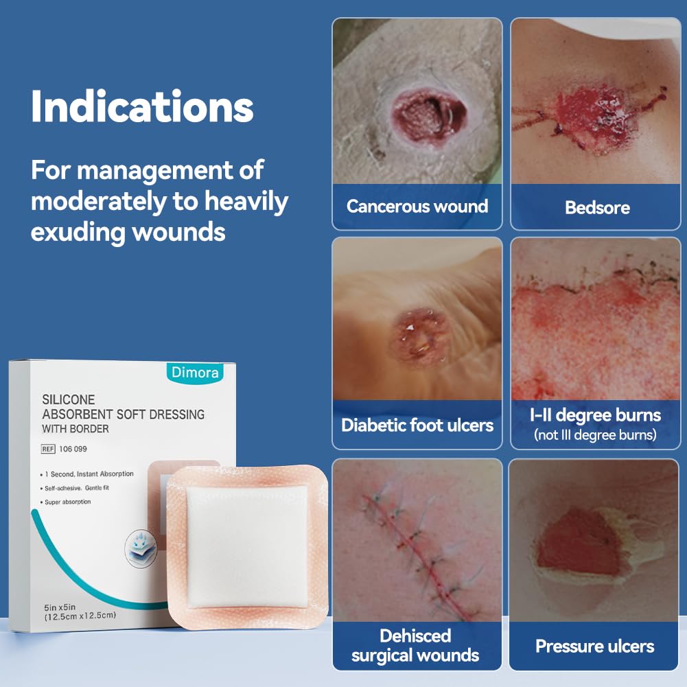 Dimora Silicone Super Absorbent Wound Dressings - Gentle Adhesive Bandages with Ultrasorb Polymer,Heavy Exudate Wound Care Pads 5"X 5" 10 Count