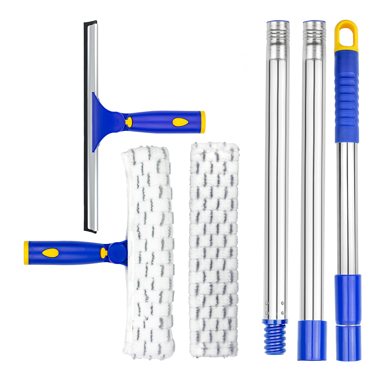 ITTAR Window Squeegee with 2 Sets Stainless Steel Pole, Squeegee Cleaning Tools with Microfiber Pads, 60"-72" Telescopic Window Washing Kit, Professional Squeegee Cleaner for Home Car Outside Glass