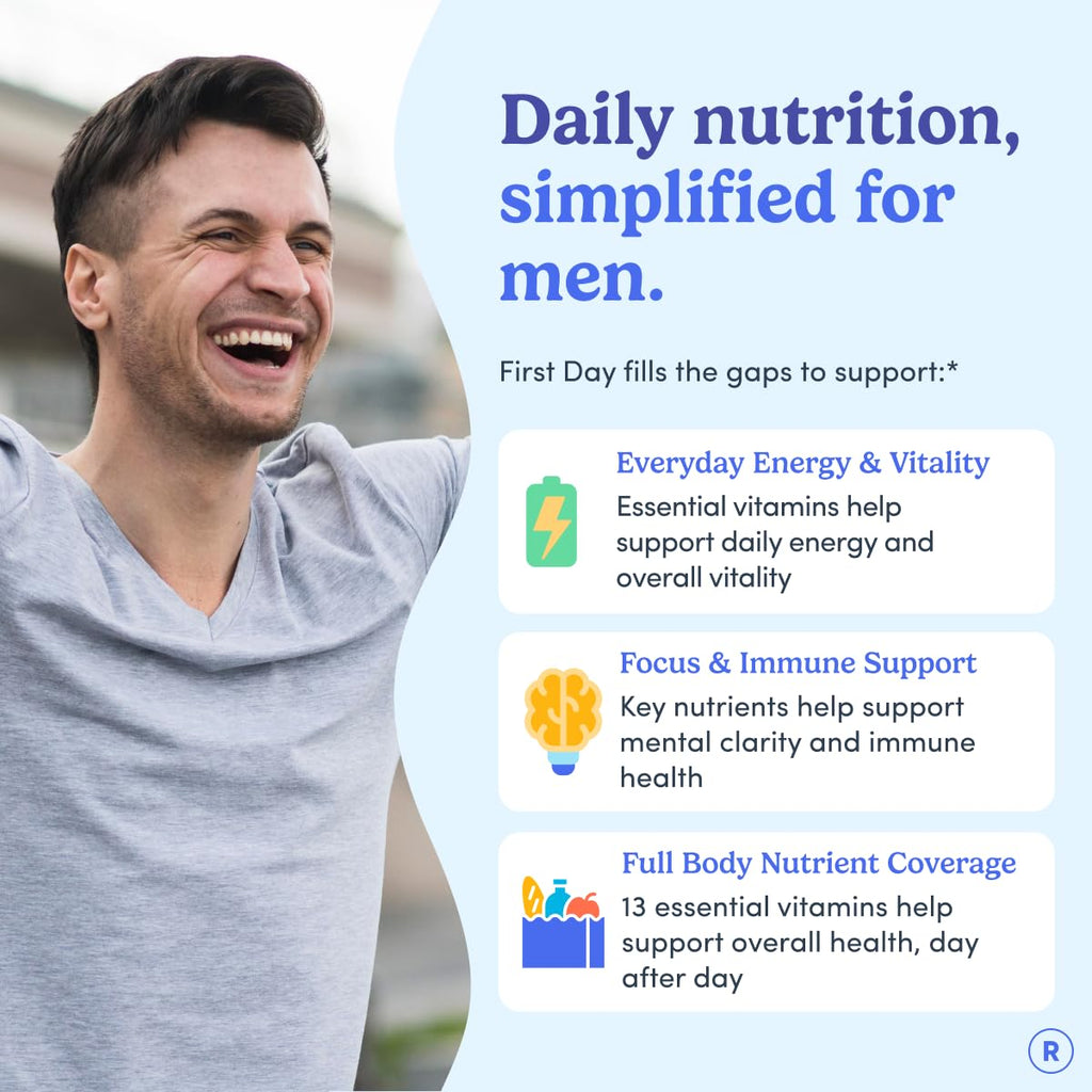 FIRST DAY Multivitamin for Men + Organic Fruit & Veggie Blend, Mens Multivitamins Gummies with 13 Key Nutrients for Energy, Focus, Immunity - Vitamins A, B1, B2, B6, B9, B12, C, D3, K - 30 Day Supply