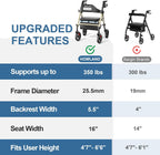 HOMLAND Foldable Rollator Walkers with Seat for Seniors, 8'' Big Wheels, 350 lb. Weight Capacity, Adjustable Handles and Seat Height, Lightweight Rolling Walker, Champagne Gold