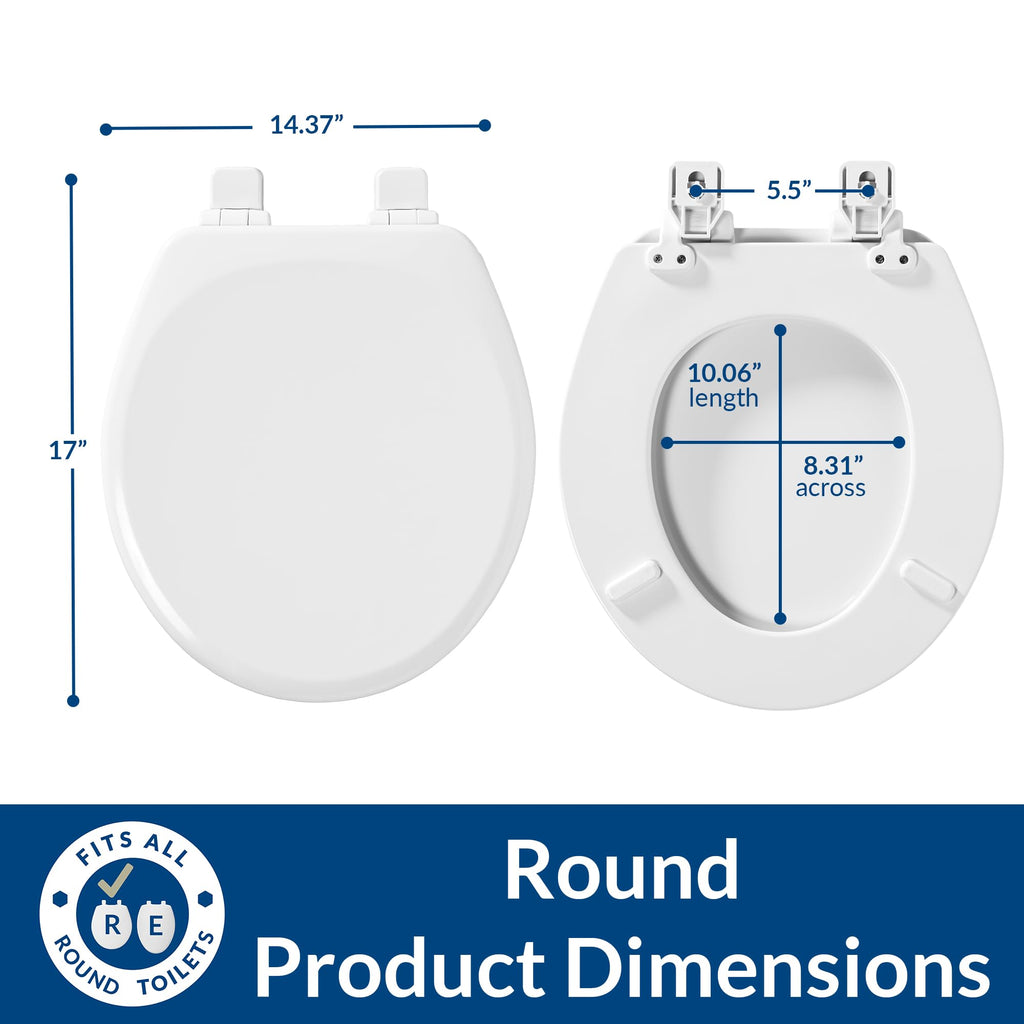 Mayfair Linden Slow Close Toilet Seat, Non Slip Heavy Duty Wood, Easy Install, Made in USA, Round, White, 4 Pack