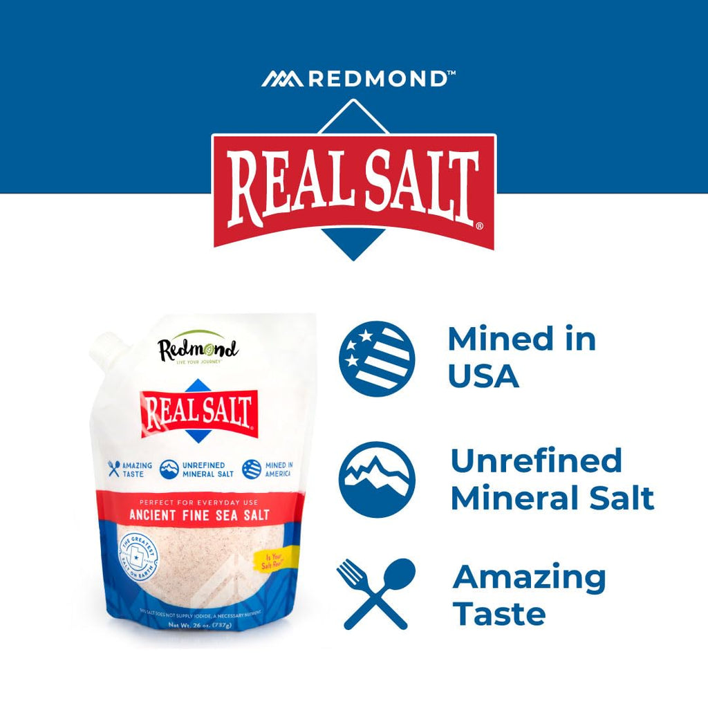 Redmond Real Salt - Sea Salt, Gluten Free Fine, 26 Oz Pouch (2 Pack)