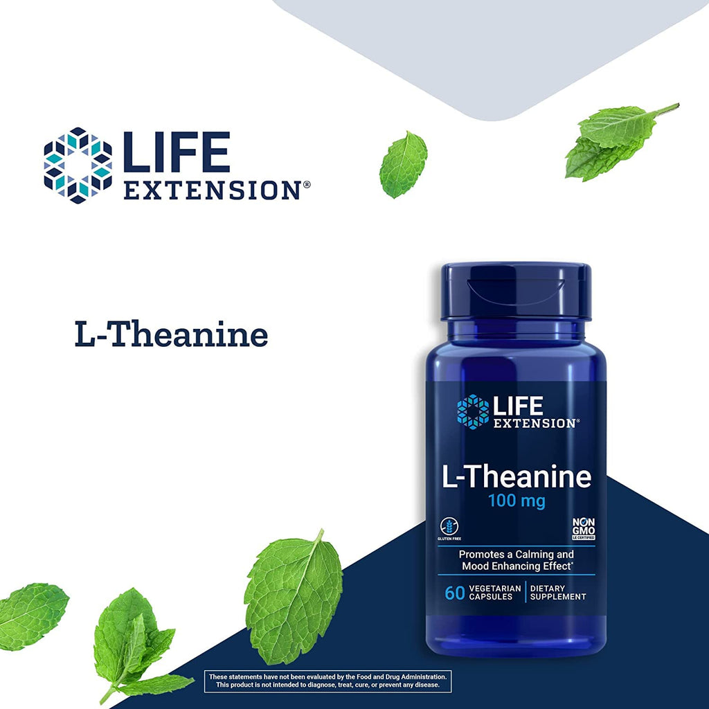 Life Extension L-Theanine, 60 Vegetarian Capsules (Pack of 2) - Amino Acid Derived from Tea - Gluten-Free, Non-GMO