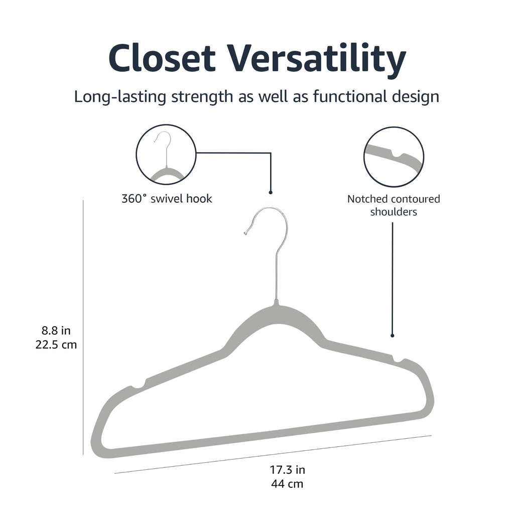 Amazon Basics Slim Velvet Non-Slip Space Saving Suit Clothes Hangers, Closet Organizer, Gray/Silver, 50-Pack