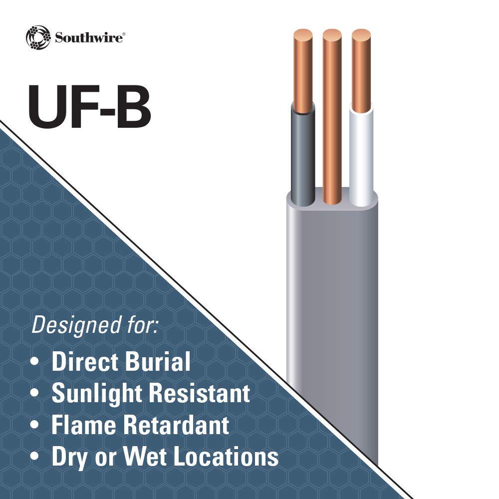 Southwire 12/2 UF B Wire with Ground, 25 ft, Gray Solid Copper Direct Burial Cable for Outdoor & Underground Use, 600V