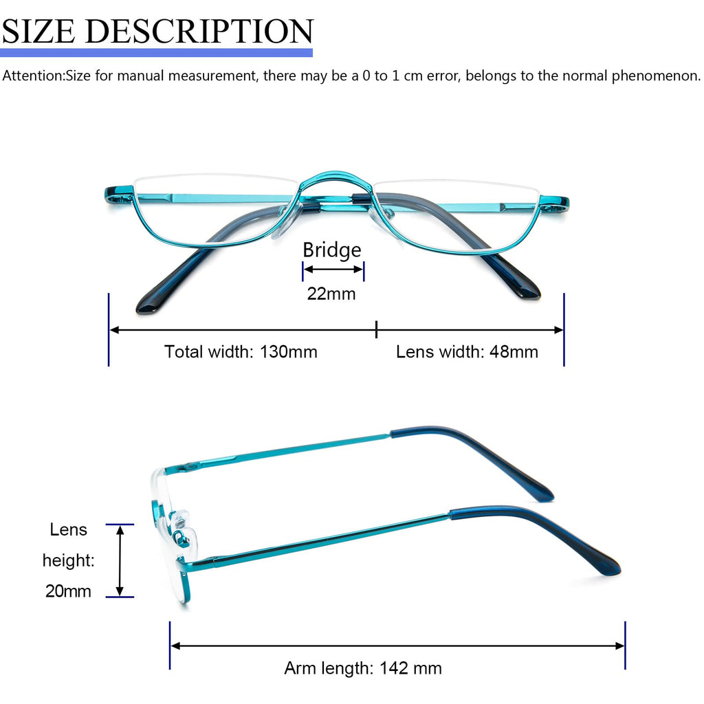 DXYXYO Small Half Frame Reading Glasses for Women 2.5+, 3 Pack Half Moon Metal Readers with Spring Hinge, Purple Blue Pink