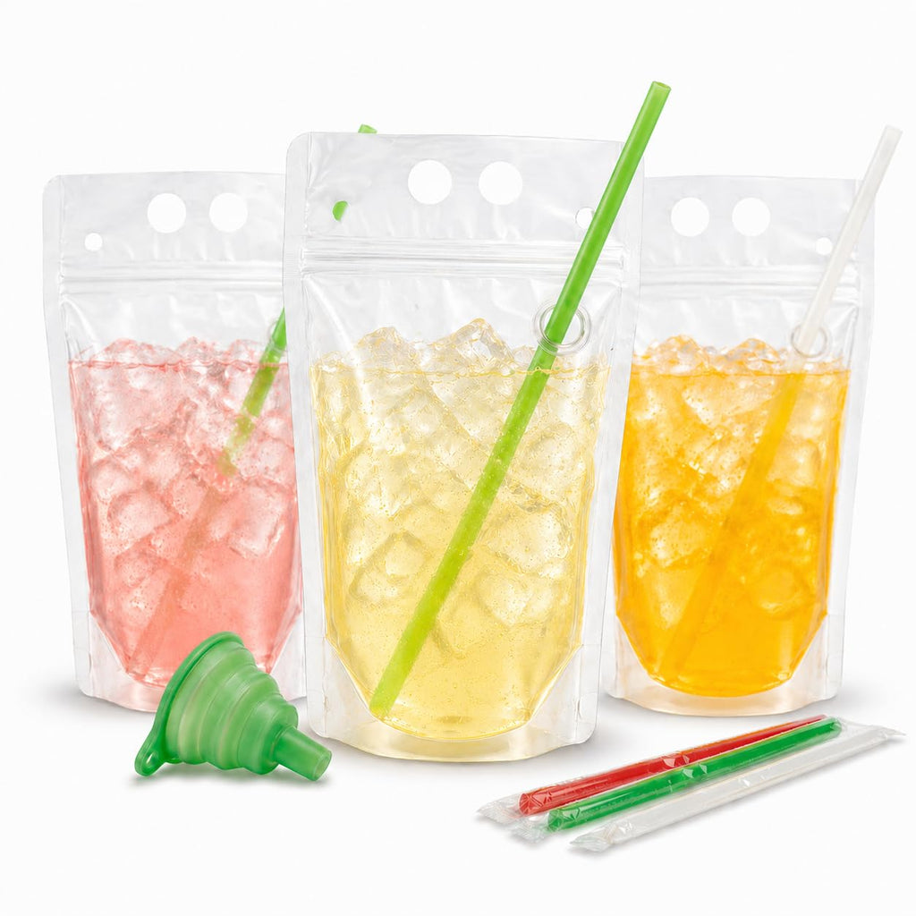 C CRYSTAL LEMON 100PCS Drink Pouches with Side Straw Port, Resealable Drink Bag Set with Straws & Funnel, 17oz Clear Beverage Pouches for Juice, Smoothies, Cocktails & Slushies