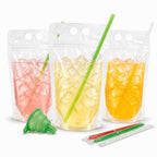 C CRYSTAL LEMON 100PCS Drink Pouches with Side Straw Port, Resealable Drink Bag Set with Straws & Funnel, 17oz Clear Beverage Pouches for Juice, Smoothies, Cocktails & Slushies