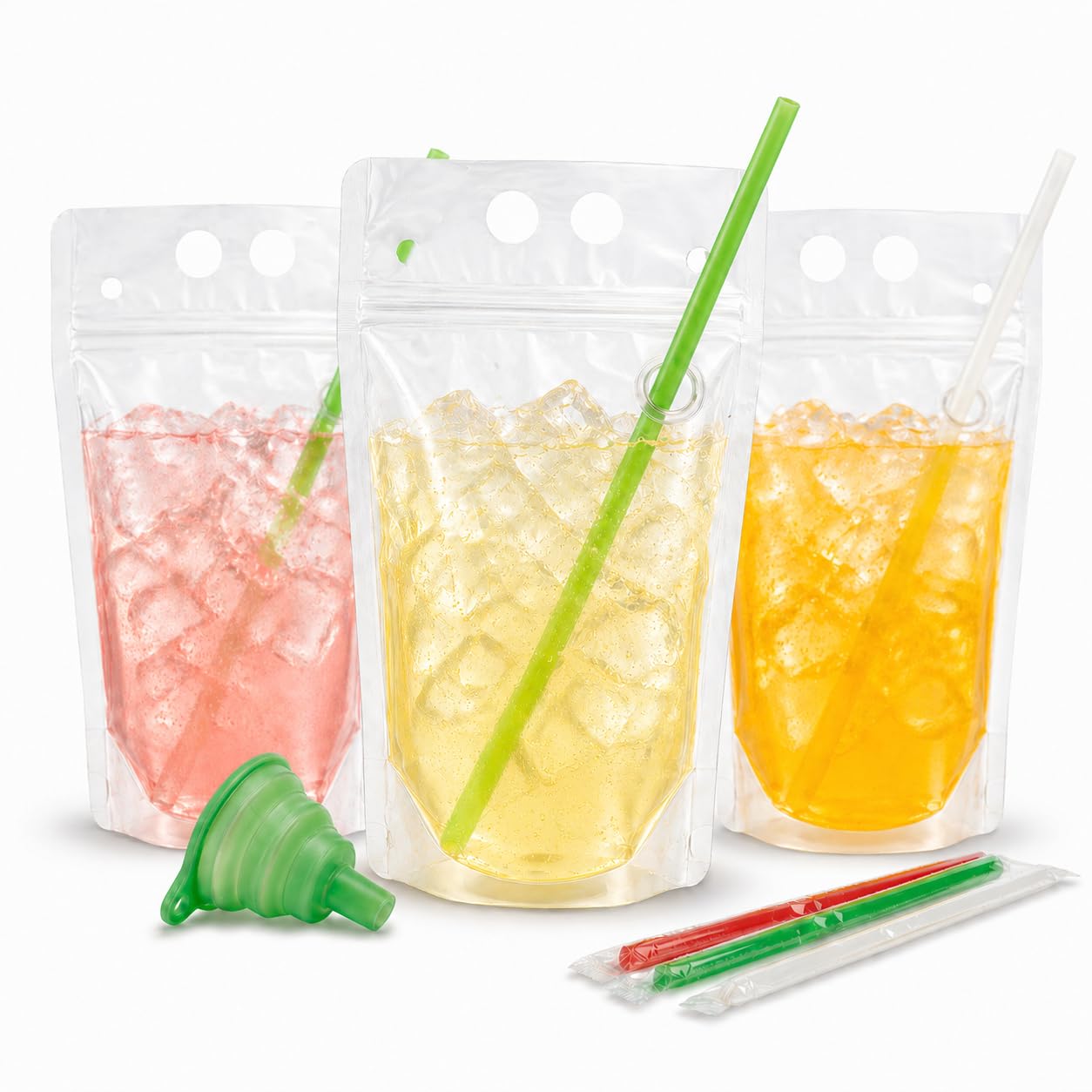 C CRYSTAL LEMON 100PCS Drink Pouches with Side Straw Port, Resealable Drink Bag Set with Straws & Funnel, 17oz Clear Beverage Pouches for Juice, Smoothies, Cocktails & Slushies