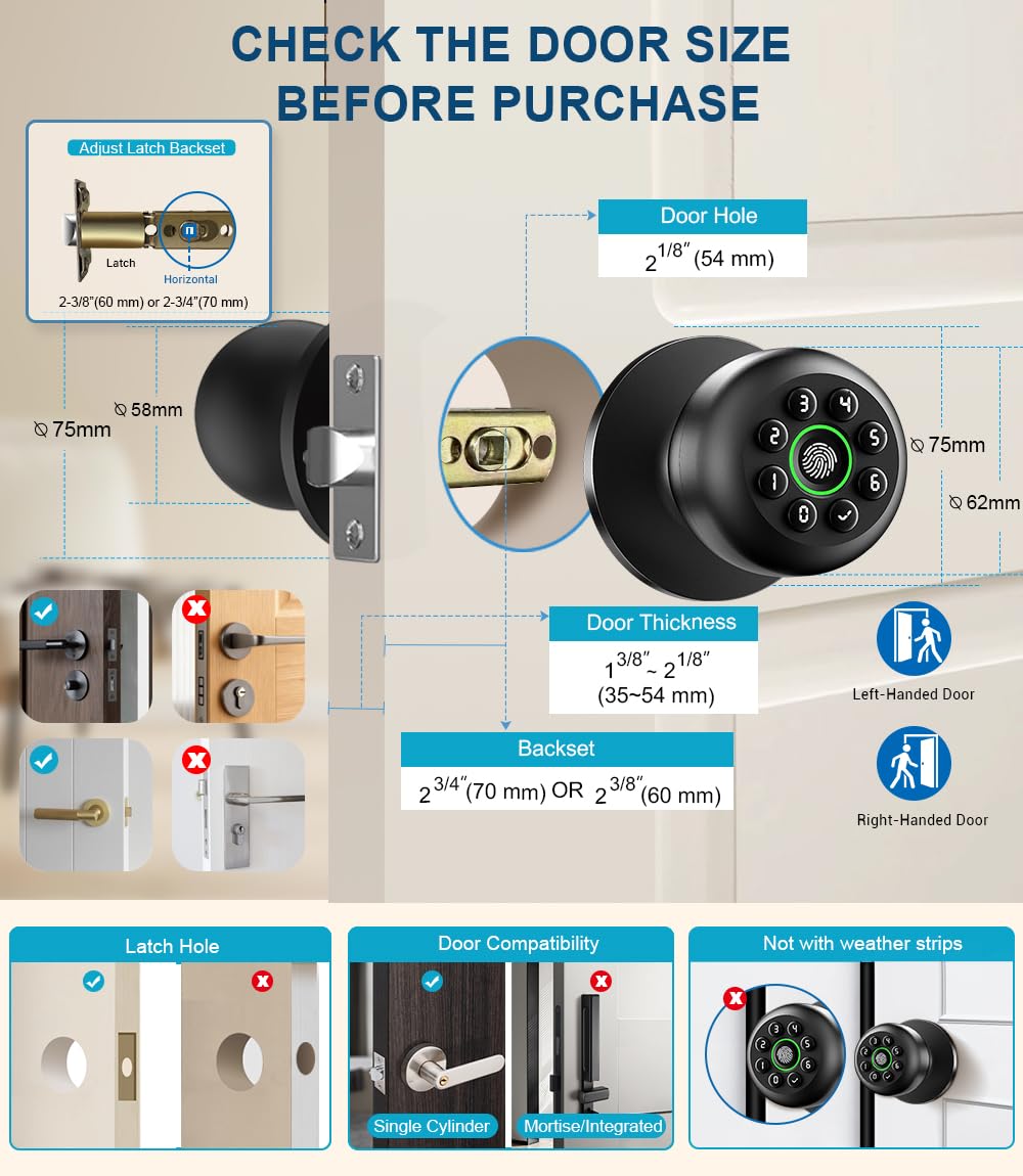 Fingerprint Door Lock, Smart Fingerprint Door Knob with Keypad, Biometric Door Lock with App Control, Auto Lock Door Lock with Code, Keyless Door Knob with Lock for Bedroom, Home-K10plus Matte Black