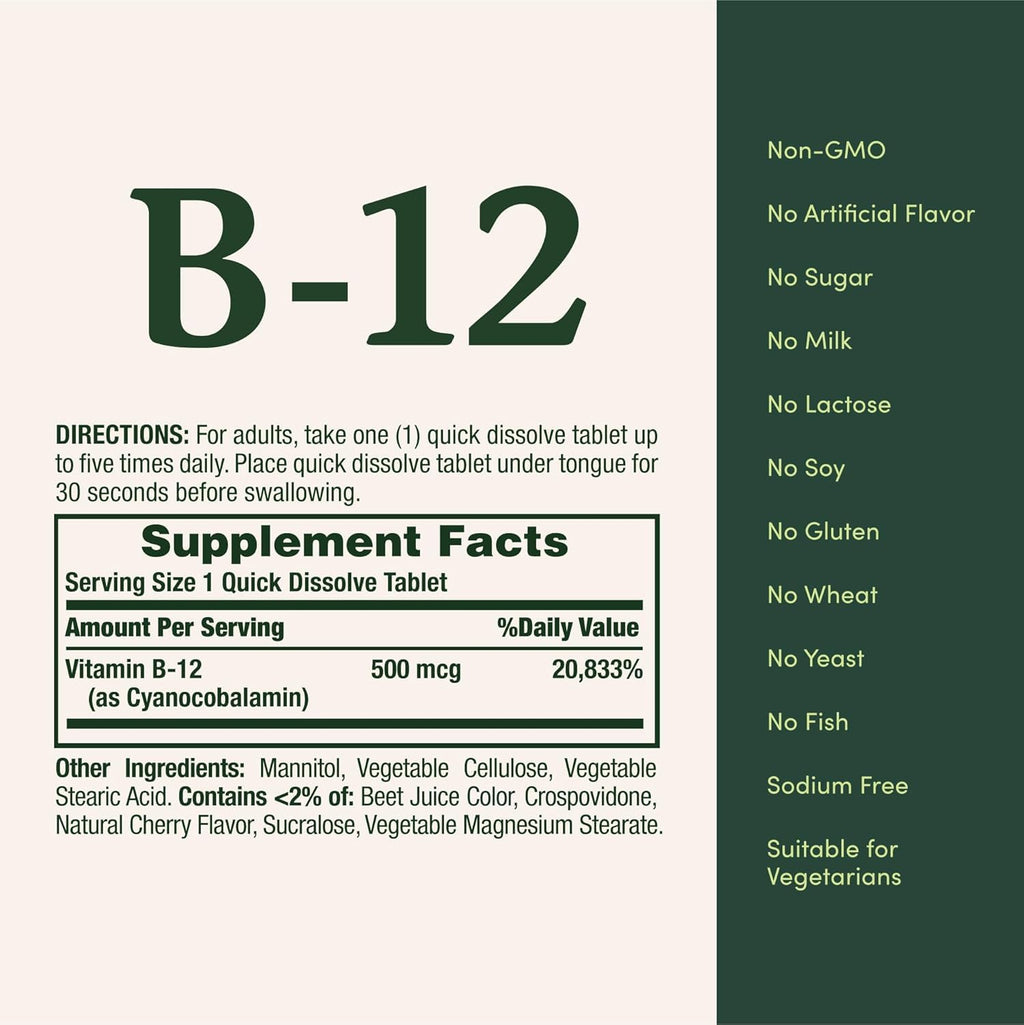 Nature's Bounty B-12 Quick Dissolve Tablets 500 Mcg, 300 Tablets (3 X 100 Count Bottles)