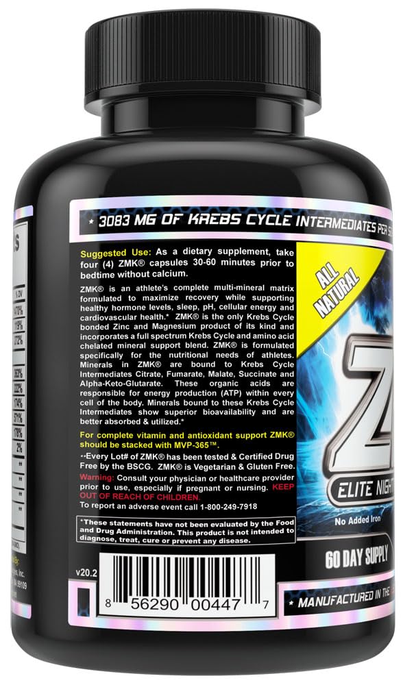 MST ZMK Nighttime, Multi Mineral Supplements, Zinc, Magnesium, Trace Minerals, ATP BSCG Certified, 240 V Capsules Millennium Sport Technologies