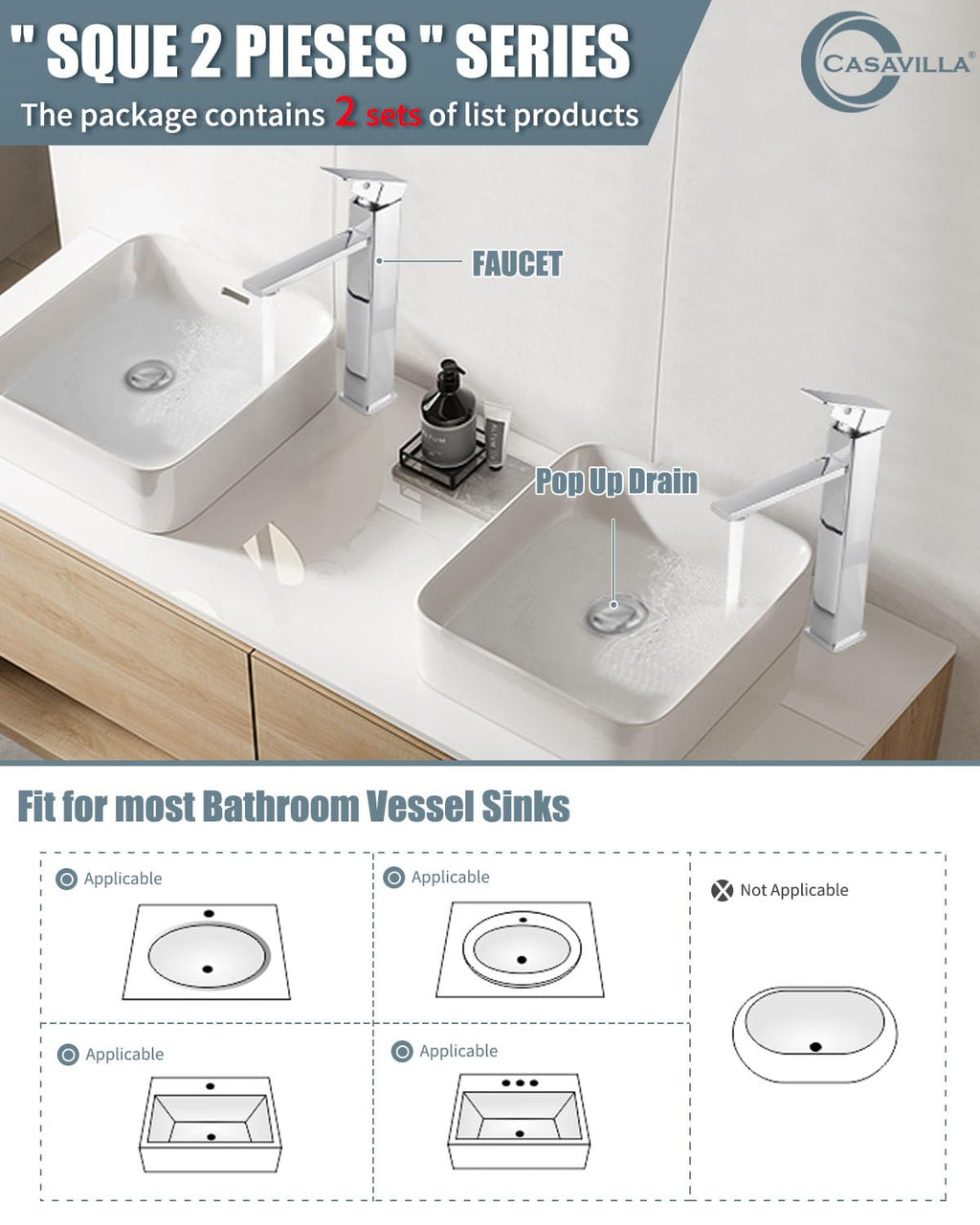 Casavilla Bathroom Sink Faucet(2 Sets),Single Handle Bathroom Faucets with Pop-up Drain and 2 Supply Hoses,Chrome Single Hole Tall Barrel Vanity Faucet,304 Stainless Steel for Sink