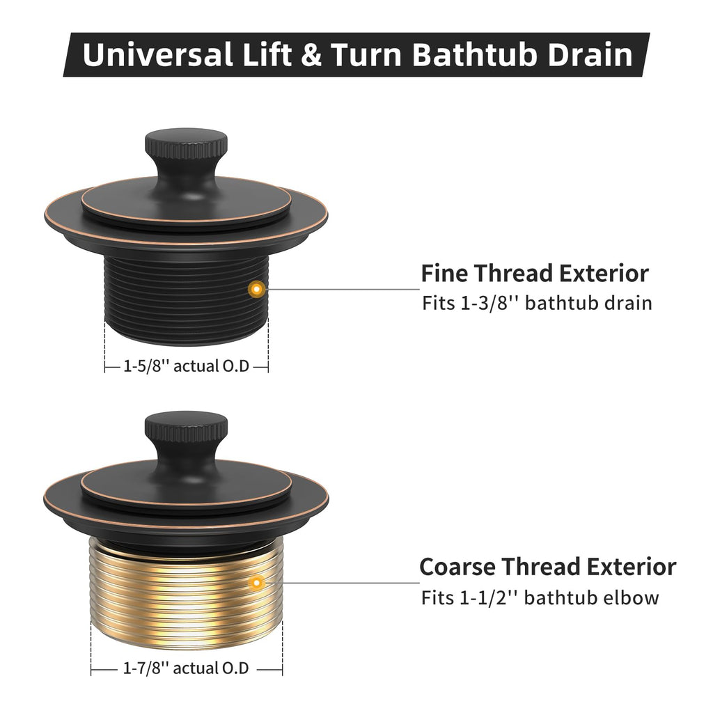Oil Rubbed Bronze Tub Drain Trim Set Conversion Kit Assembly，All Brass Lift & Turn Bathtub Drain Replacement Trim Kit with Two-Hole Overflow Faceplate and Universal Fine/Coarse Thread