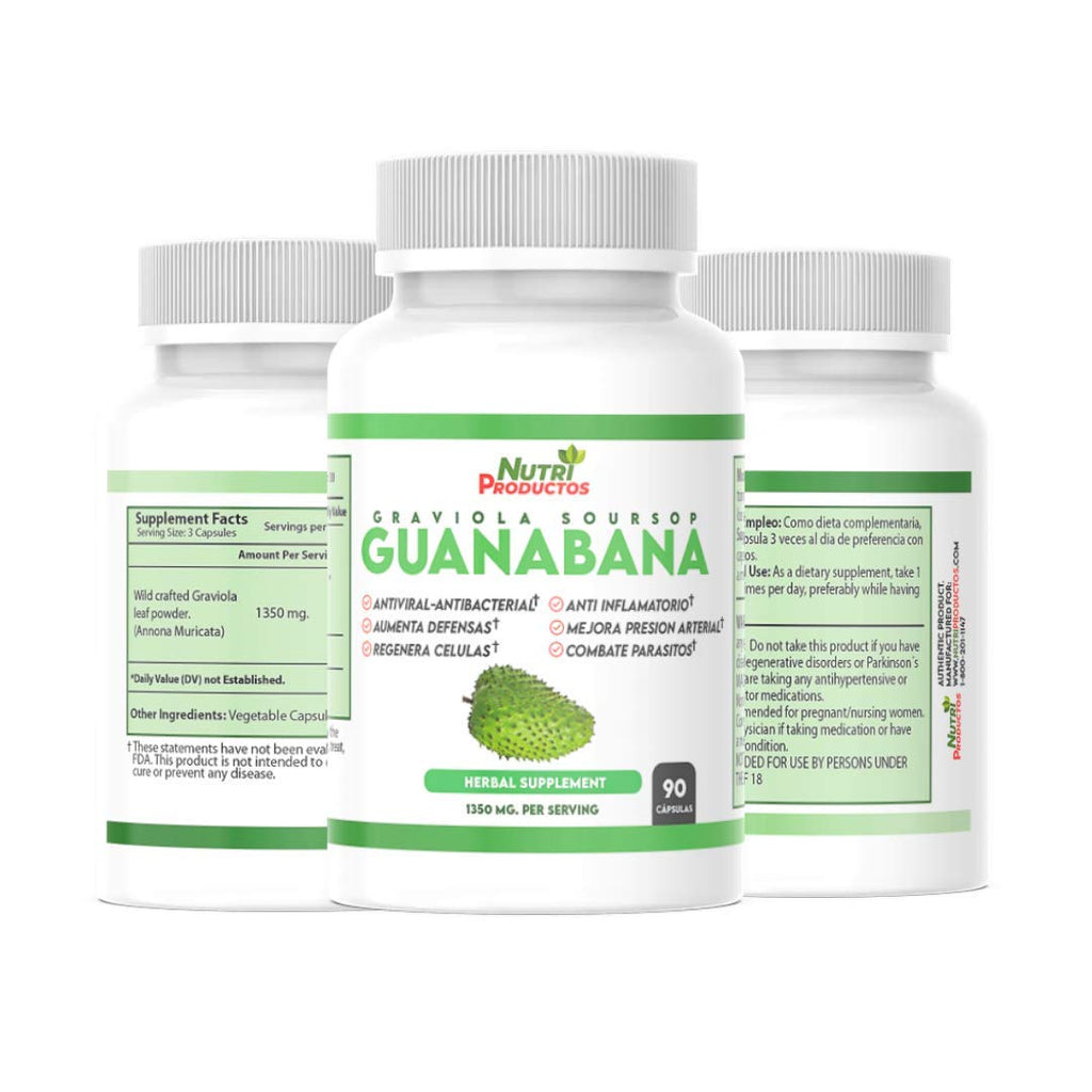 Nutrisalud Products Capsulas de Guanabana Extra potente 1350mg per Serving. Set de 2 frascos con 90 Cap c/u. Aumenta Defensas, Anti Inflamatorio, Mejora Presion Arterial, Regenera Celulas.