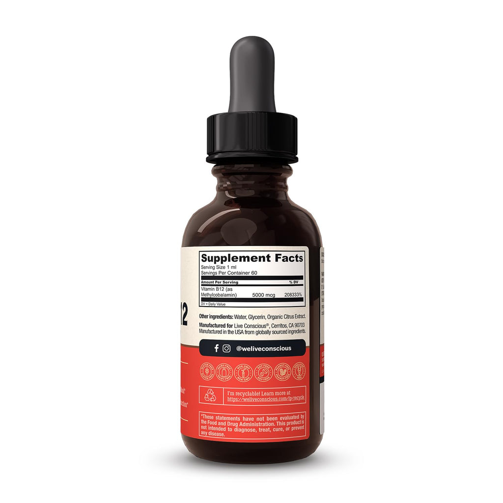 Live Conscious Vegan Vitamin B12 Sublingual Liquid Drops Methylcobalamin Max Strength B12 5000mcg Formula - Vegan B 12 Vitamin Support Energy, Promote Memory & Aid Immune System (2 Pack)
