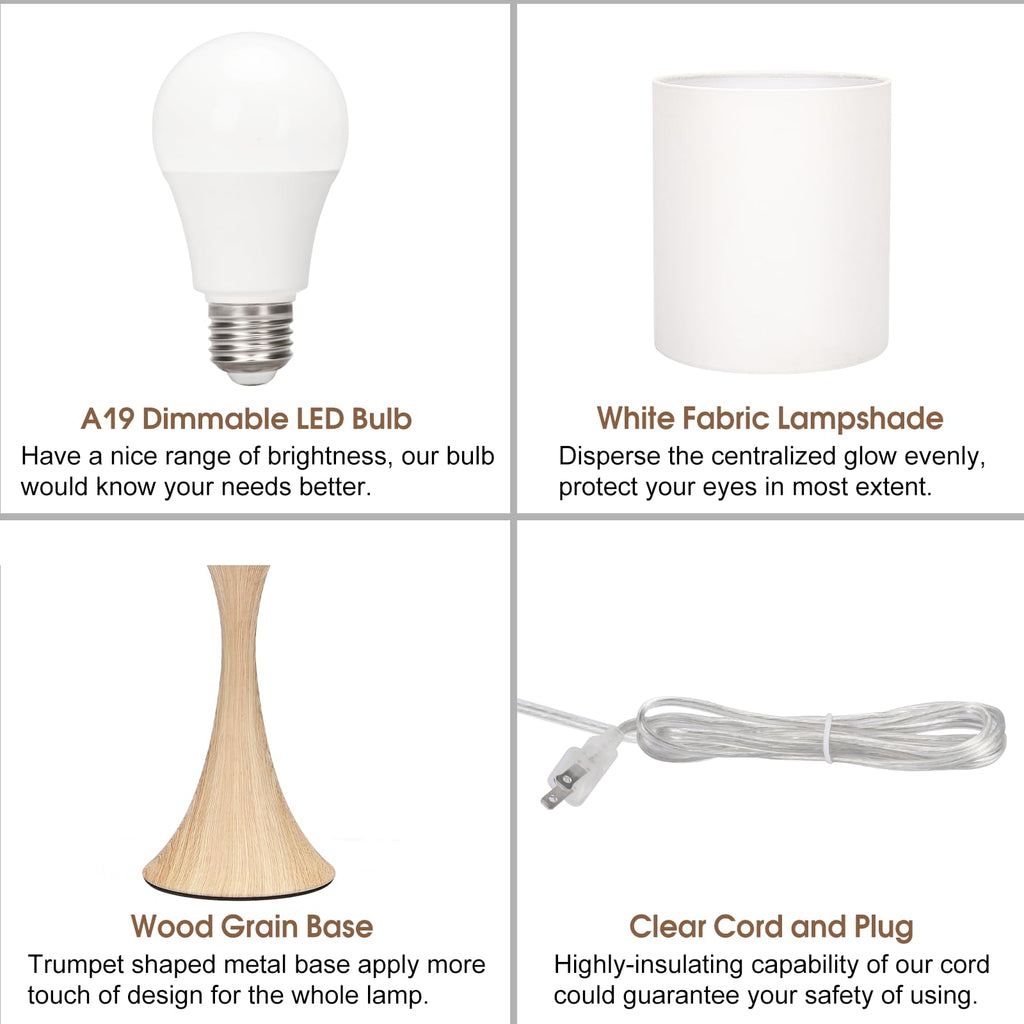 Bedside Touch Lamp, 3 Way Dimmable Touch Control Table Lamp, Wood Grain Farmhouse Table Lamp, Modern Nightstand Lamp with White Shade for Bedroom, Dorm, Office, 3000K LED Bulb Included