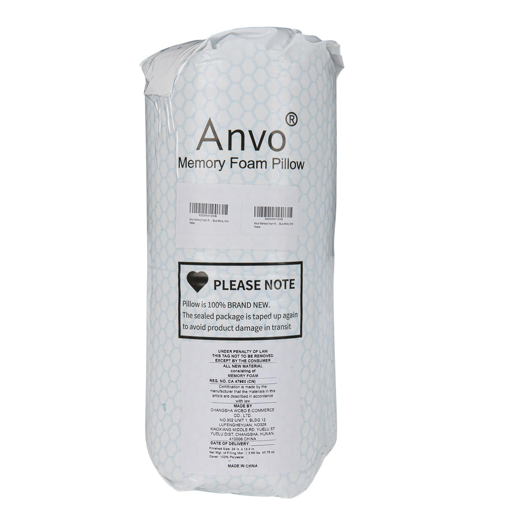 Anvo Memory Foam Pillow, Neck Contour Cervical Orthopedic Bed Pillow for Sleeping Side Back Stomach Sleeper, Ergonomic Design for Neck and Shoulder Pain Relief, Blue White, Firm