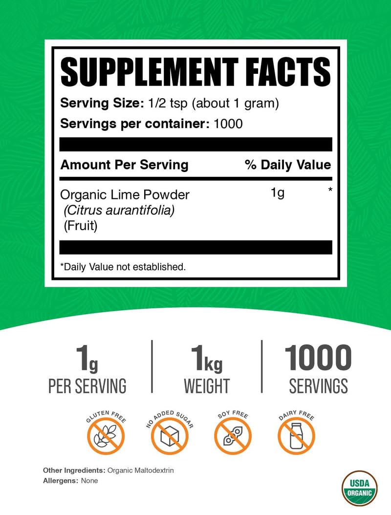 BulkSupplements.com Organic Lime Powder - Organic Lime Flavoring Powder, Sourced from Citrus Aurantifolia Fruit - Air Dried & Gluten Free, 1g per Serving, 1kg (2.2 lbs) (Pack of 1)