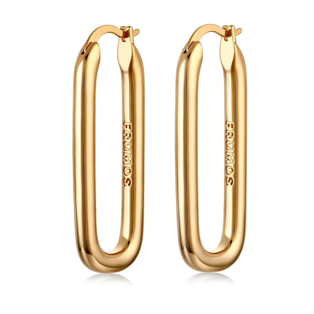 FRUMOS 18K Gold Plated Oval Hoop Earrings, Chunky Thick Huggie Earrings for Women, Hypoallergenic Jewelry