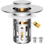 5-in-1 Bathroom Sink Stopper, 2 Pc Pop-Up Drain Stopper with Removable Hair Catcher, Anti-Clog Strainer, Odor Blocking & One-Way Flow Design, All Metal Brass Core & Stainless Steel, Fit 1.1"–2.36"