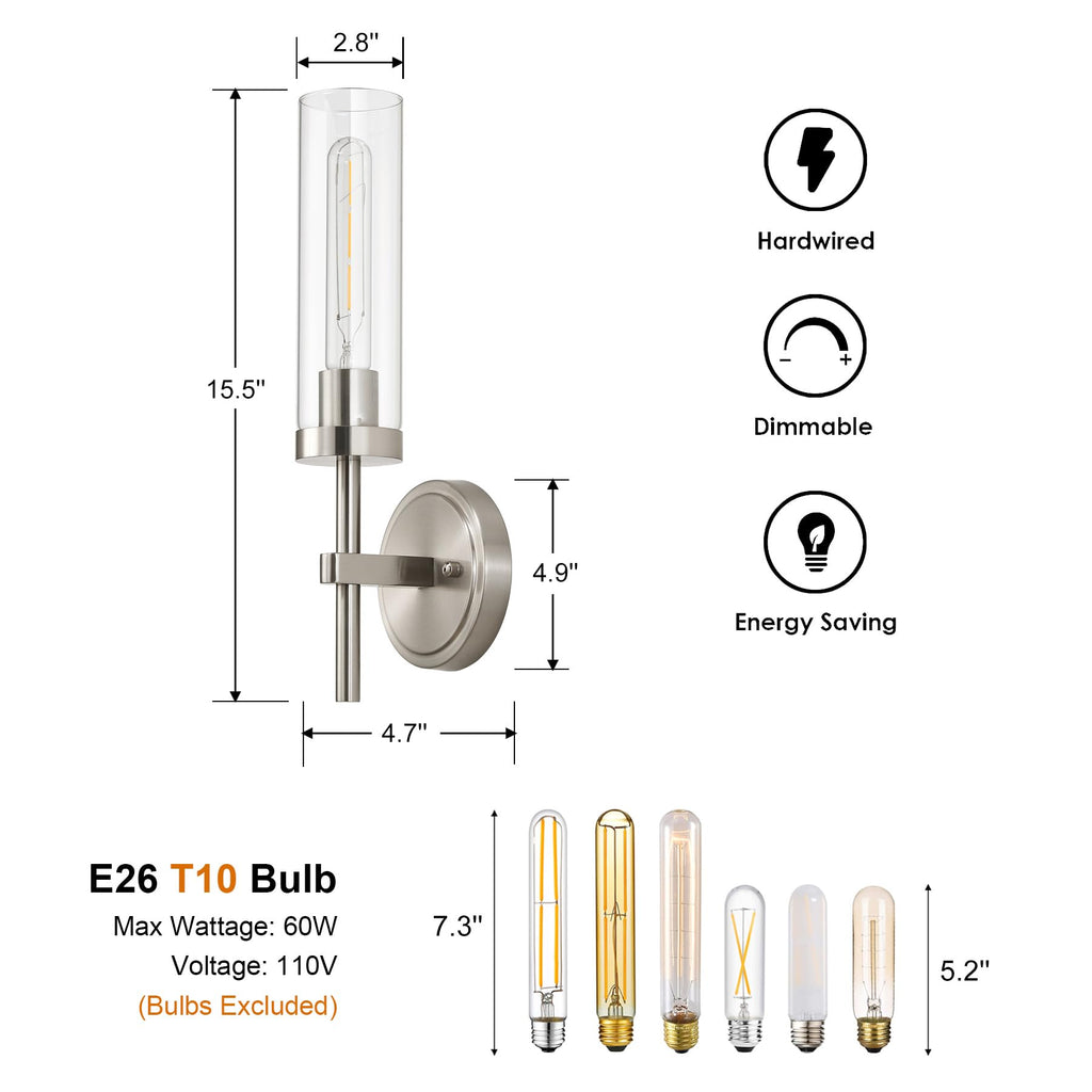 SANTOSTOCK Brushed Nickel Hardwired Wall Sconces Set of 2, Modern Bathroom Sconces Vanity Light Fixture, Farmhouse Wall Mount Lamps for Mirror Living Room Bedroom Hallway
